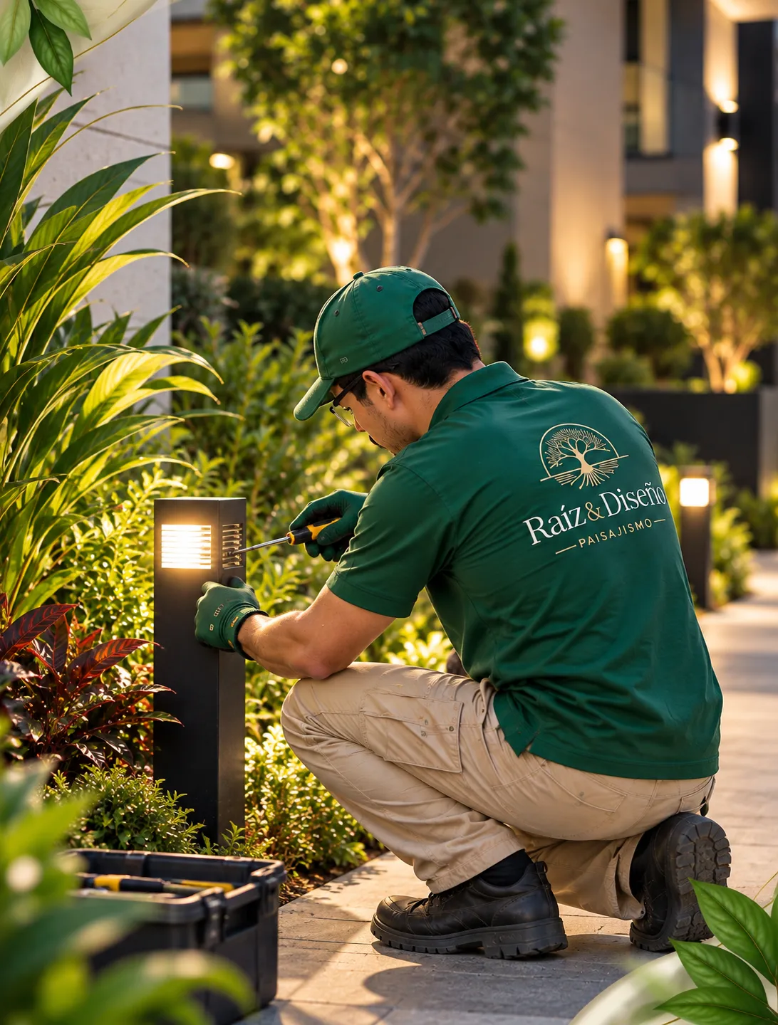 Trabajador de Raíz & Diseño instalando una luminaria de jardín