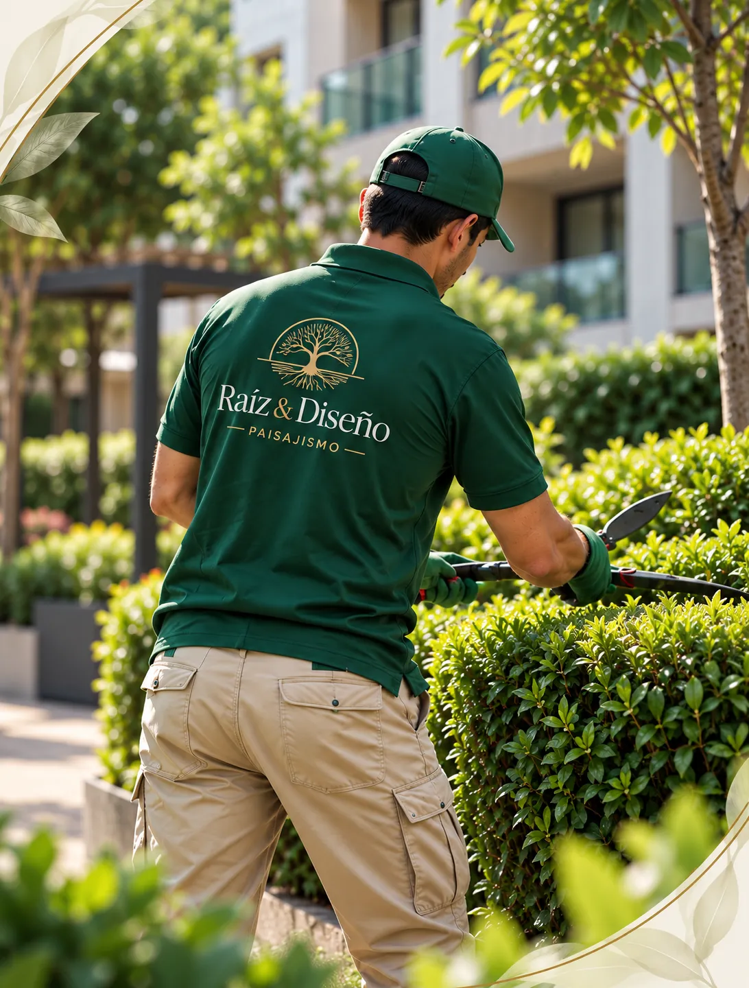 Trabajador de Raíz & Diseño podando un seto con tijeras de jardinería