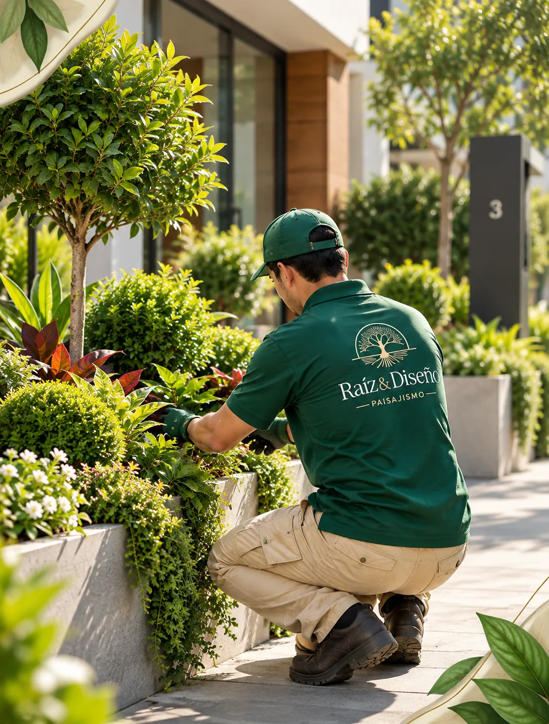 Trabajador de Raíz & Diseño colocando plantas ornamentales en una jardinera